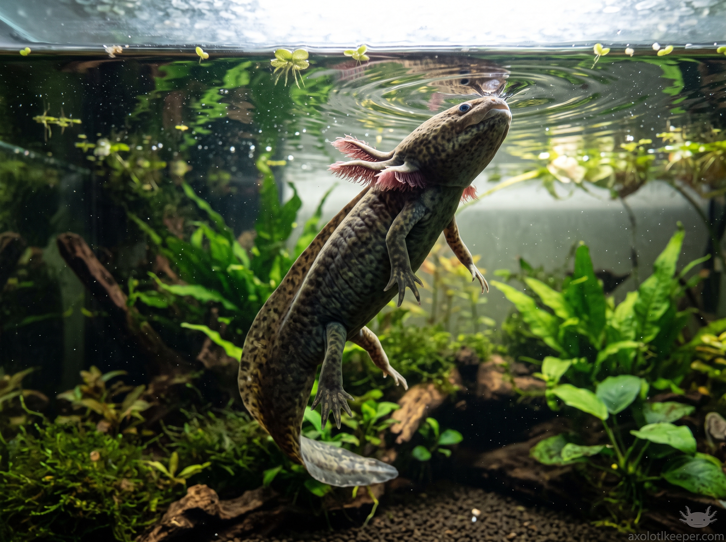 axolotl swimming to surface