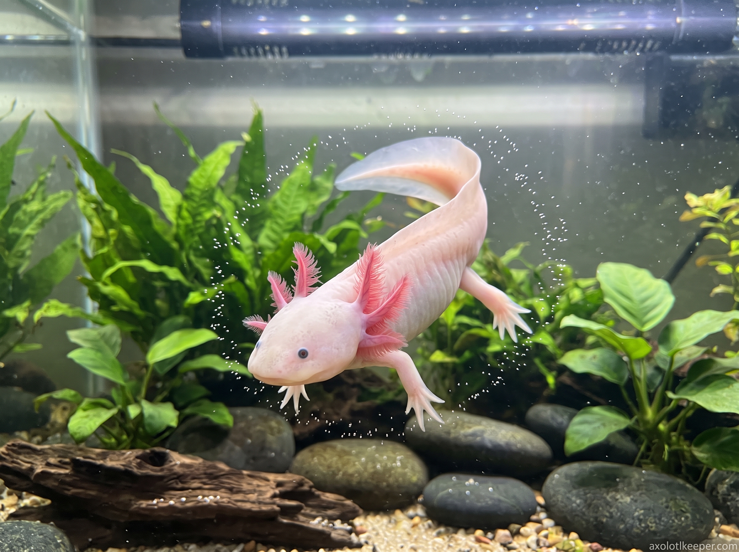 axolotl twirling in water