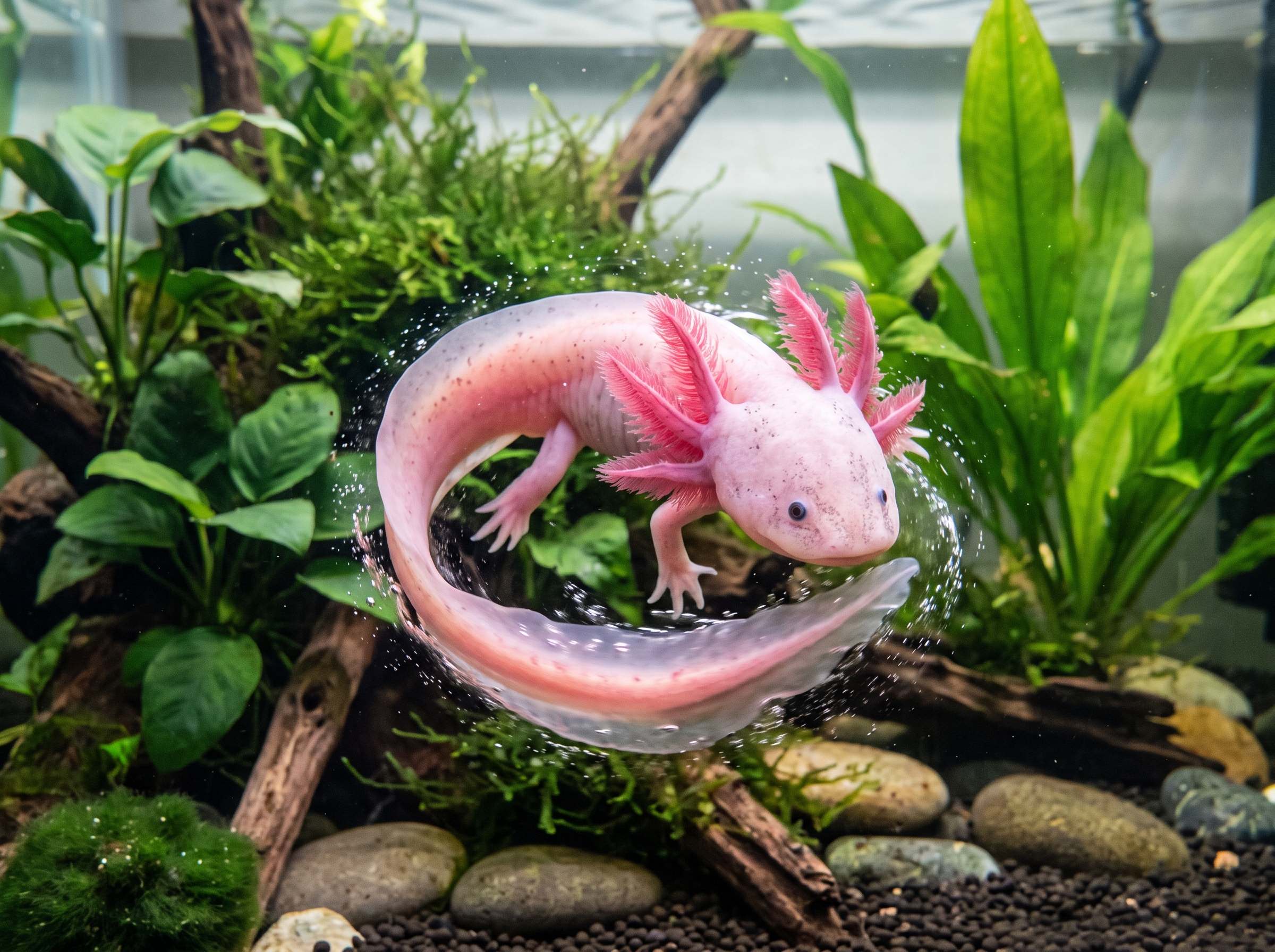 axolotl twirling in water