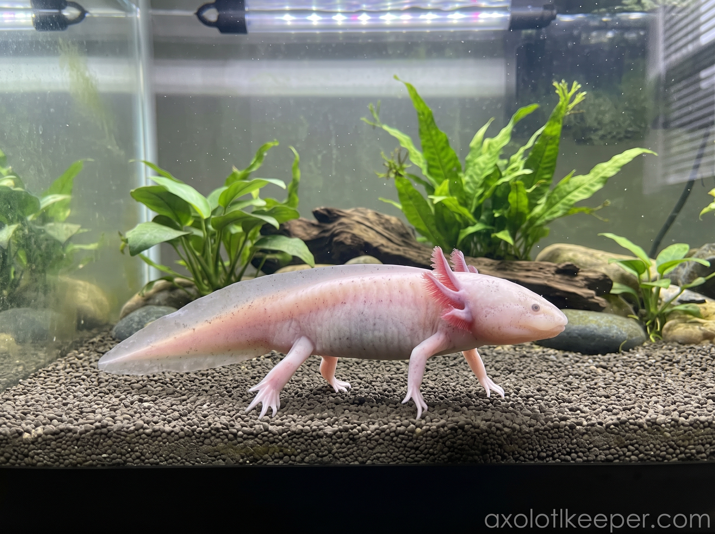axolotl walking on tank floor